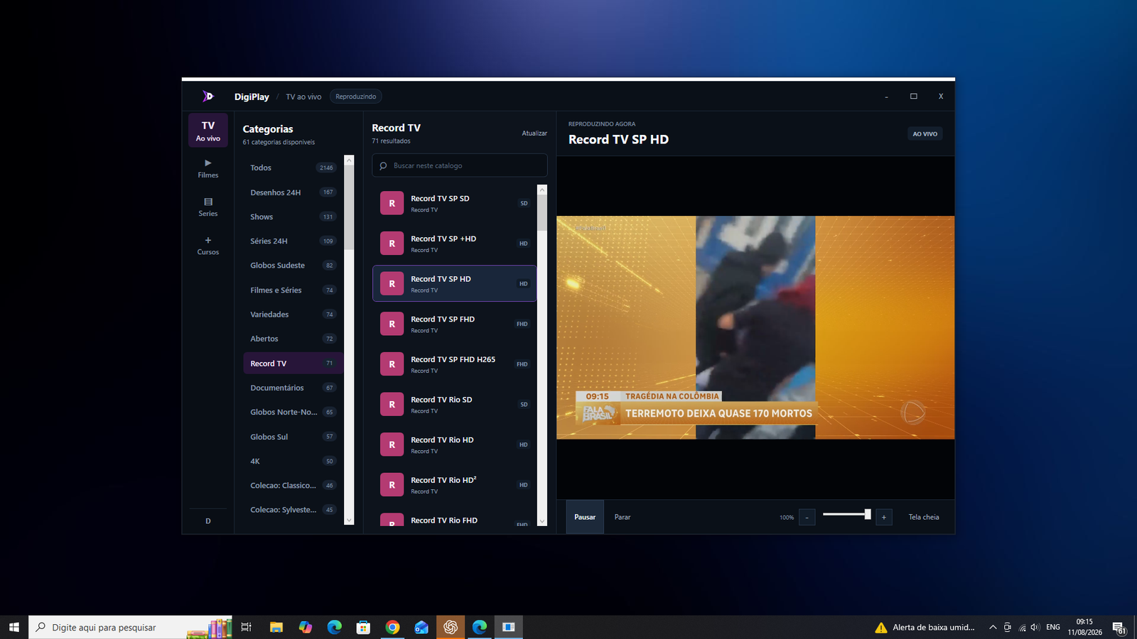 DigiPlay para Windows reproduzindo um canal ao vivo